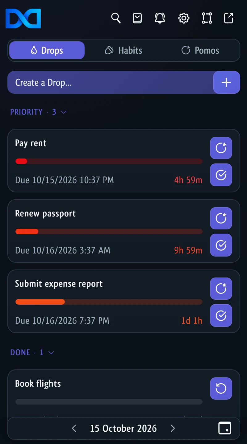 Drops in the DoDrop side panel: Pay rent, Renew passport and Submit expense report, each with a countdown bar