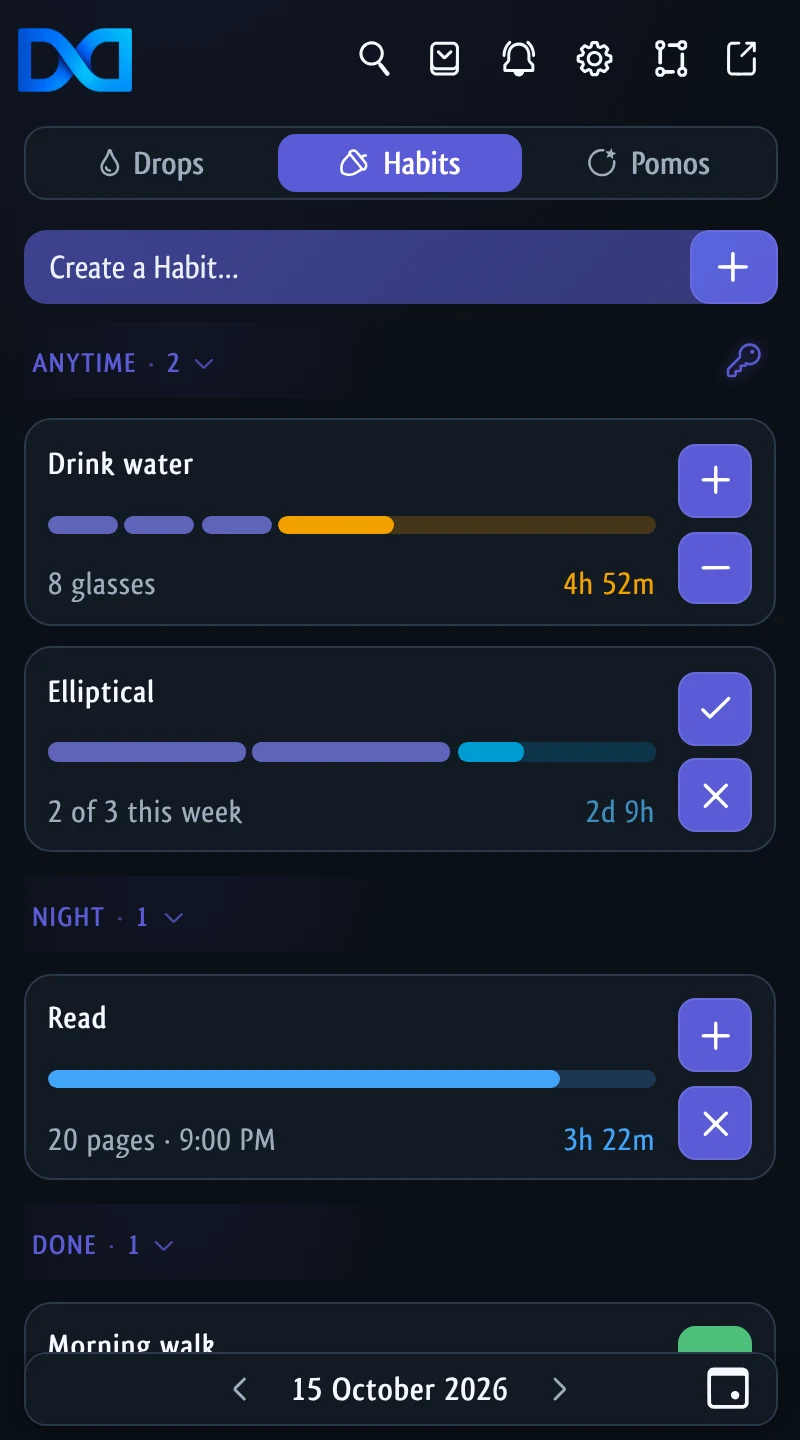 Habits in the DoDrop side panel: Drink water, Elliptical and Read, with progress for today and this week