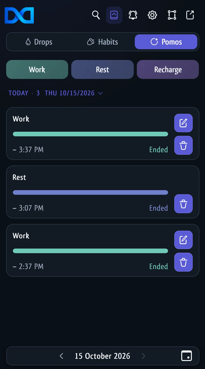 Pomos in the DoDrop side panel: Work, Rest and Recharge buttons above today’s sessions